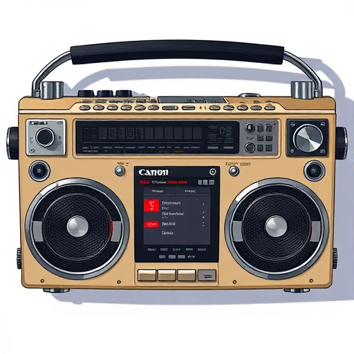 Regenerate an illustration of a vintage boombox with detailed buttons and features, focus on a top-down view, using a Canon EOS R5 camera with a 50mm lens, aperture set to f/4, ISO 100, and a soft lighting style to enhance clarity and color depth.
