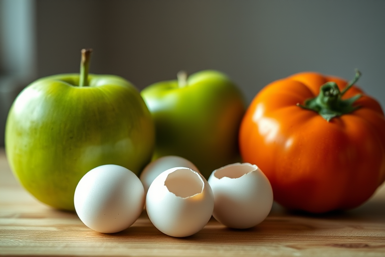 photograph of a green apple, three eggs (one with holes), and a ripe tomato on a wooden countertop, natural lighting, f/2.8 aperture, ISO 100, 50mm lens, shallow depth of field, taken from eye level with a soft focus background