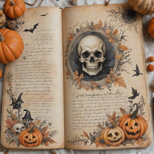 Design a detailed watercolor, vintage-inspired Halloween-themed imagery for a cottagecore junk journal. The design features a spooky yet shabby chic aesthetic with handwritten elements in faded ink, showing slight wear. Include pumpkins, cute ghosts, and adorable skulls alongside autumn florals, all rendered in soft pastel colors like pale orange, cream, and black for accents. The imagery has a slight worn or parchment texture, creating a nostalgic feel. The high-resolution image has no blur, contrast, or grainy textures, and is filled with intricate details in 8k definition.