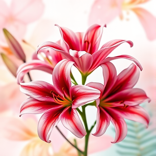 Create a high-resolution watercolor painting of pink and red lilies with a soft, colorful abstract background, captured with a Canon EOS R5, 50mm lens, f/2.8 aperture, ISO 100, and a shallow depth of field for a vibrant and detailed effect.