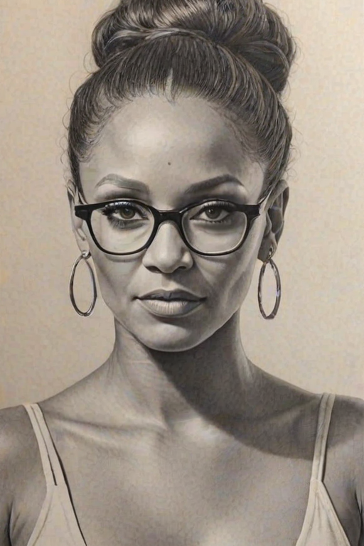 Gorgeous Mel B, pencil sketch, portrait of Wonderful woman 1933s in glasses, hair style beatnik, outline, clear lines, fine lines, 8k