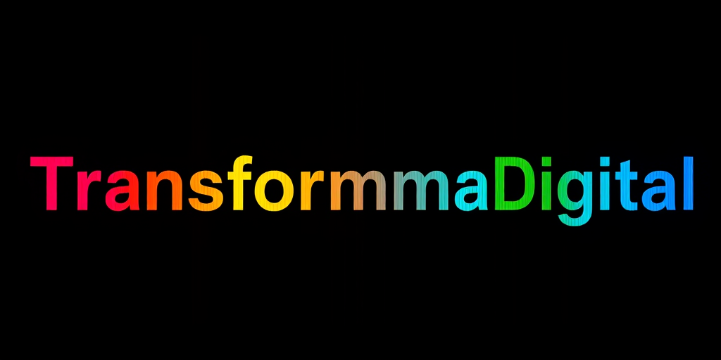Create an abstract pattern featuring the text "TransformationDigital" in vibrant colors on a dark background, captured with a DSLR camera at 50mm focal length, f/2.8 aperture, ISO 100, with a shallow depth of field and a slight vignette effect.