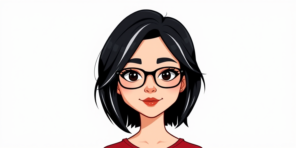 Create a cartoon-style portrait of a woman with black hair and white streaks, wearing glasses and a red top, set against a plain background, taken with a DSLR camera at f/2.8, ISO 100, with a 50mm lens, using natural light for enhanced clarity and detail.