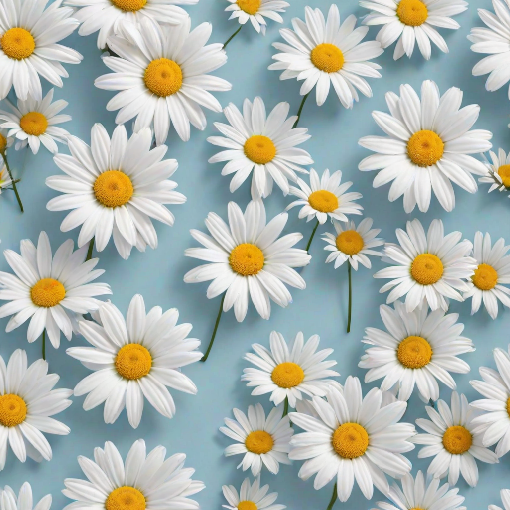 Create a seamless pattern featuring a light blue background filled with white daisies. Each daisy should have a bright yellow center and a simple, clean design. The flowers should be evenly spaced, creating a harmonious and cheerful floral pattern.