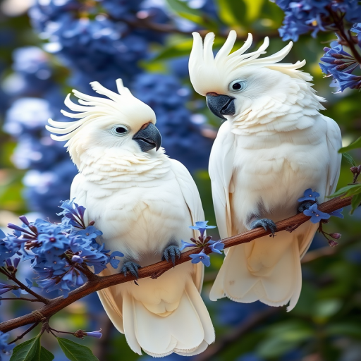 two white cockatoos perched on a branch surrounded by blue flowers, soft focus portrait, 50mm lens, f/1.8, ISO 200, natural light, DSLR camera