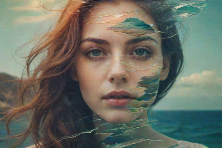 this photo is Book cover, A surreal double exposure portrait that blends a woman's face with a beautiful seascape. The overall mood is dreamy and mystical, with rich colors and intricate details
