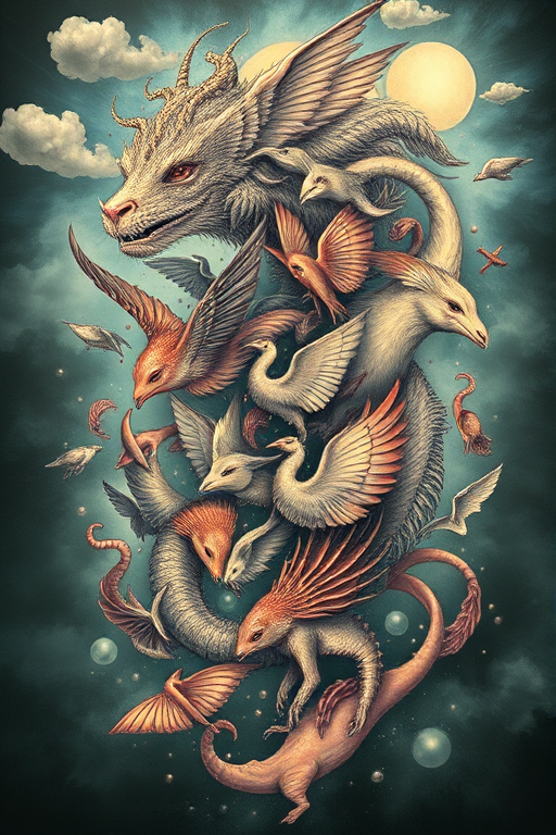 Surrealist "Dreamscape Menagerie" tattoo concept merging various animals and fantastical creatures in impossible combinations with fluid transitions and ethereal elements perfect for large-scale body art
