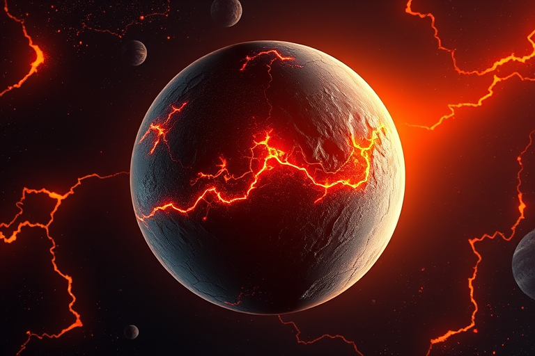 create a highly detailed image of a cracked planet surrounded by glowing lava cracks in space, use a 50mm lens with f/1.8 aperture, capture a close-up view with a slight tilt, use a DSLR camera for enhanced clarity and depth.