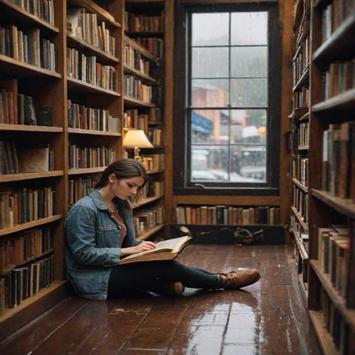 Charming bookstore on a rainy day, the sound of raindrops tapping against the window, a woman sits cross-legged on the floor between shelves, reading an old leather-bound book.