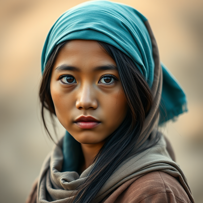 Create a portrait of a young Lao male with long, dark hair and captivating hazel eyes. She is wearing a cyan headscarf and a matching scarf draped gracefully around her neck. The background is softly blurred, focusing attention on her serene and natural expression. The overall color palette is muted and warm, enhancing the intimate and authentic feel of the portrait.