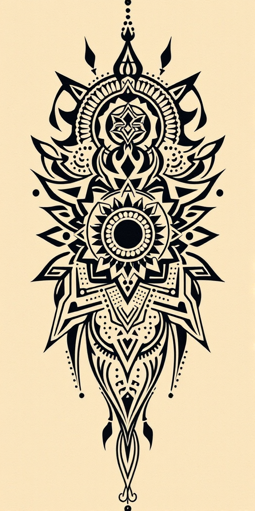 Tribal fusion tattoo called "Ancient Modernism" blending traditional tribal patterns with contemporary geometric shapes and dot work creating a unique hybrid style that bridges ancient and modern aesthetics