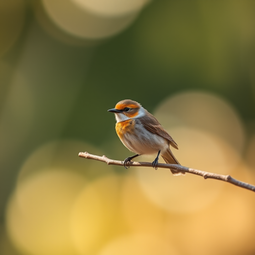 capture a small bird perched on a branch with soft bokeh background, DSLR camera, 85mm lens, aperture f/2.8, shutter speed 1/250s, ISO 100, natural light