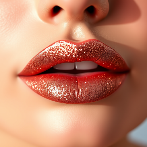 Glittering rose gold lip gloss creates a dazzling effect on perfectly shaped lips, catching the light and emphasizing their three-dimensional quality