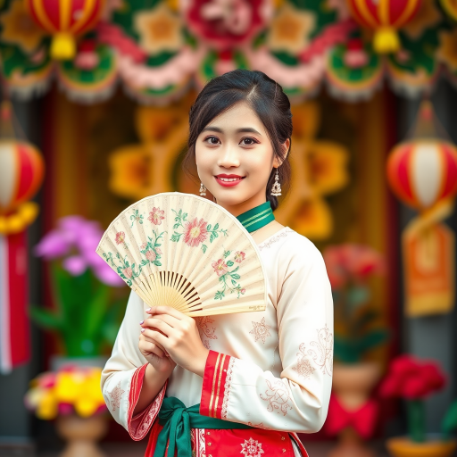 A young woman in traditional clothing, holding a decorative fan, standing in front of vibrant festive decor, soft focus background, aperture f/2.8, shutter speed 1/200s, ISO 100, portrait orientation, taken with a DSLR camera, natural light, slight bokeh effect.