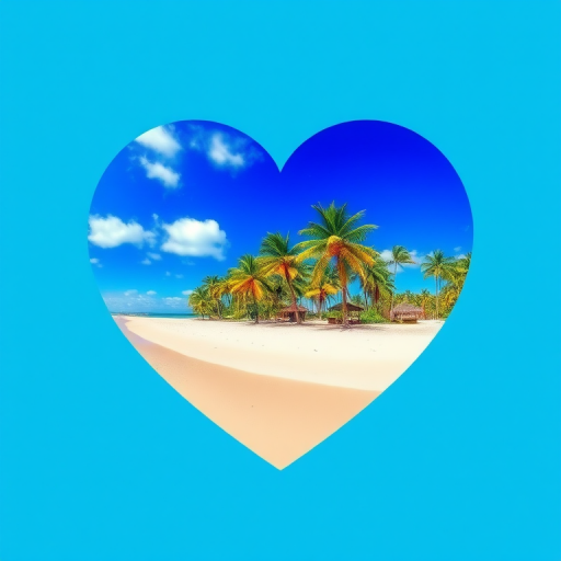 Create a vibrant digital illustration of a tropical beach scene framed in a heart shape, featuring palm trees, a sandy shore, and a bright blue sky; use high dynamic range imaging at f/11 aperture, ISO 100, 24mm lens, and a wide-angle perspective to enhance clarity and detail.