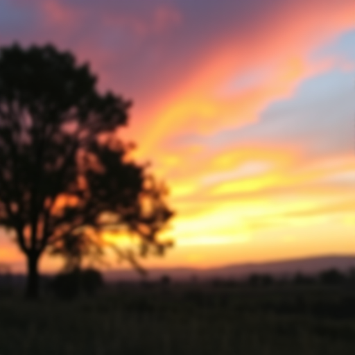 Create a high-resolution image of a serene landscape at sunset with vibrant colors in the sky, using a DSLR camera with a 50mm lens, aperture set to f/1.8, shutter speed 1/200 sec, ISO 100, shoot from a low angle to capture foreground details, enhance the depth of field for a dreamy effect.