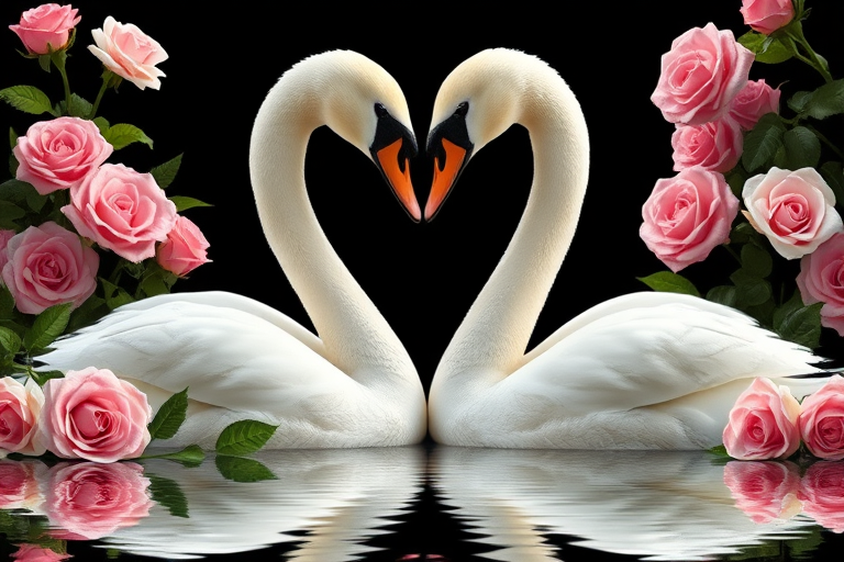 Create a romantic digital illustration featuring two white swans forming a heart shape with their necks, surrounded by lush pink roses and greenery, reflective water surface below, with a black background, use a DSLR camera with f/2.8 aperture, 50mm lens, 1/200 shutter speed, and soft light to enhance colors and details.