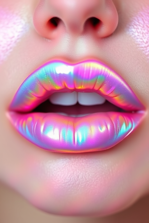 Holographic iridescent lip gloss in shifting pastel hues, dubbed "Unicorn Kisses," offering a mesmerizing rainbow effect and hydrating properties, suitable for playful and whimsical styles