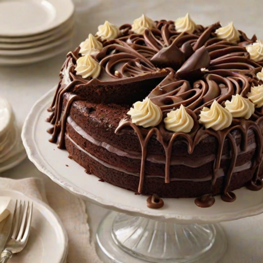 Generate an image of a decadent chocolate cake with multiple layers. The cake should be topped with rich chocolate frosting, elegantly piped swirls, and adorned with triangular chocolate pieces arranged in a fan shape. Include chocolate shavings and drizzles of melted chocolate cascading down the sides for a luxurious finish.