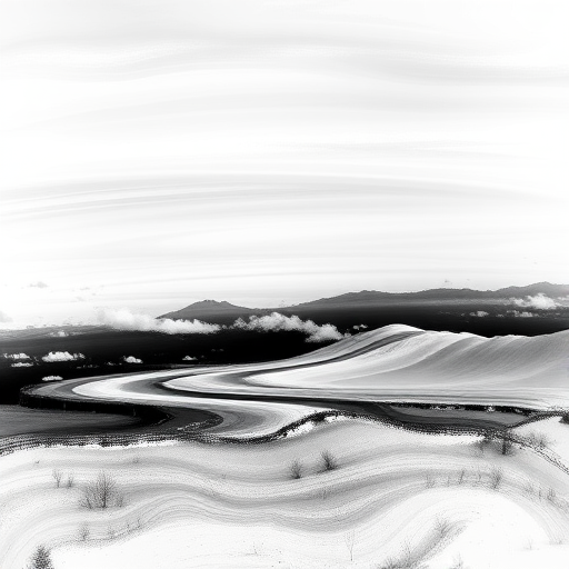 Create a high-resolution abstract black and white landscape painting with smooth brush strokes and subtle gradients, captured with a DSLR camera at f/8 aperture, ISO 100, 1/125 sec shutter speed, using a wide-angle lens for an expansive view.