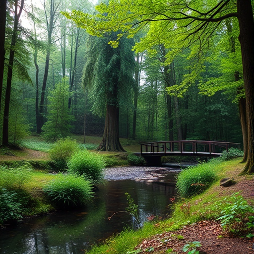 lush green forest with a serene river and a wooden bridge, soft morning light filtering through the trees, f/2.8, 24mm lens, ISO 100, tripod-mounted for stability