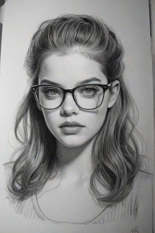 Stunning Barbara Palvin, pencil sketch, portrait of Enchanting woman 1932s in glasses, hair style beatnik, outline, clear lines, fine lines, 8k