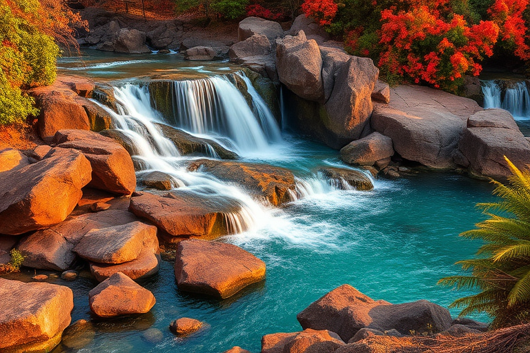 Create a high-resolution image of a waterfall cascading over rocky terrain with turquoise water, vibrant foliage surrounding the scene, from a slightly elevated angle, using a DSLR camera with a 24mm lens, aperture set to f/8, ISO 200, shutter speed 1/125 sec, during golden hour for optimal lighting.