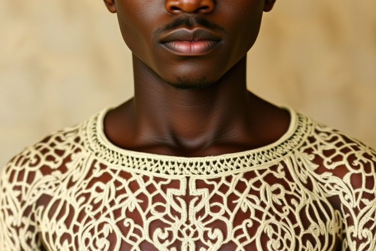 Face, shoulders, chest covered in openwork Igbo embroidery. Raw, unedited image.
