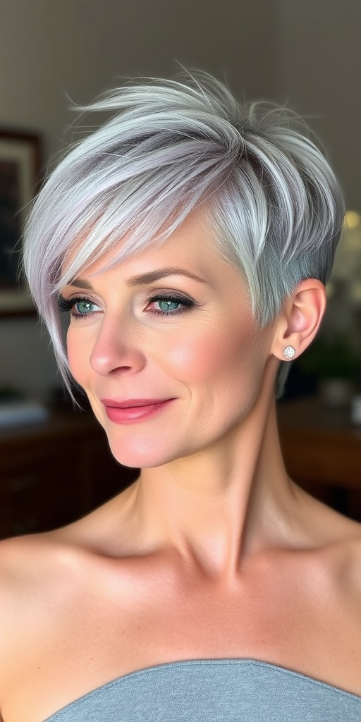 Elegant mature woman with a chic silver pixie cut, styled with textured layers and subtle lavender highlights for a youthful touch
