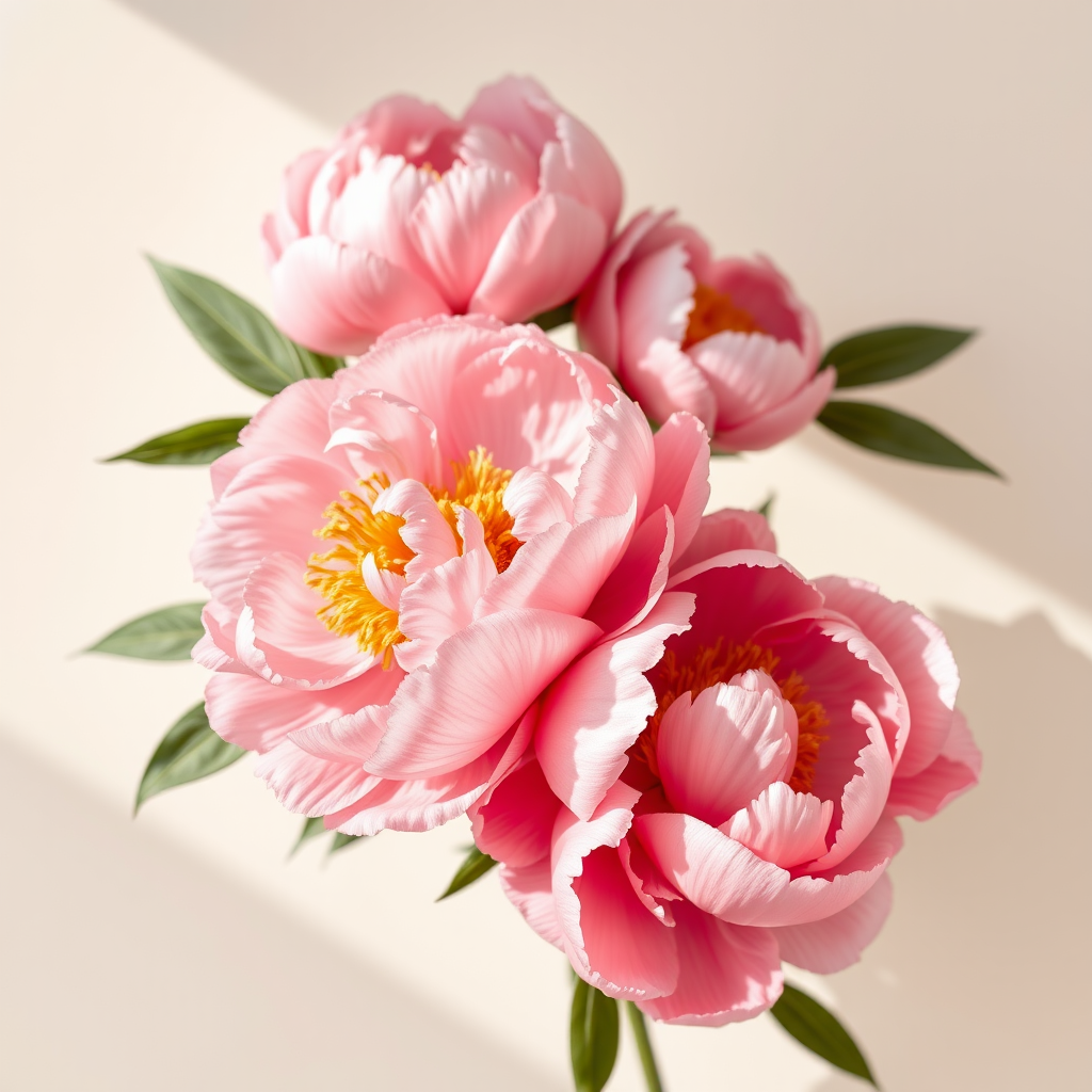 Create a botanical illustration of pink peonies with detailed petals and leaves on a soft cream background, captured in high resolution using a Canon EOS 5D Mark IV at f/4, 1/200 sec, ISO 100, shot in natural light from a slightly elevated angle for depth.
