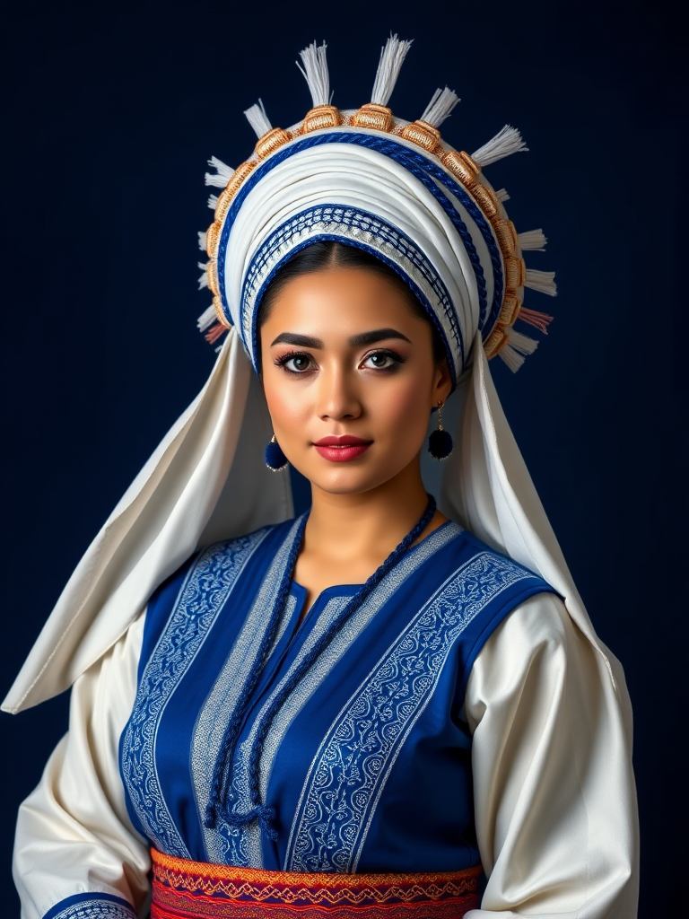 Portrait of a woman in a traditional blue and white costume with a large decorative headdress, soft studio lighting, ISO 100, aperture f/4, 85mm lens, shallow depth of field, on a dark blue backdrop.
