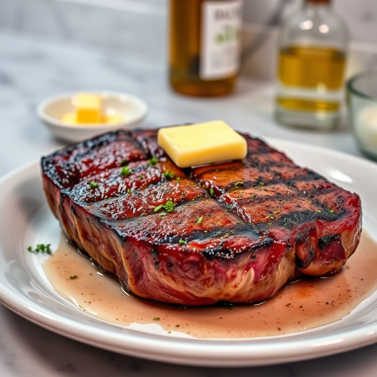 Create an image of a perfectly seared ribeye steak, resting on a white plate with a pat of melting butter on top. The steak is seasoned with fresh herbs like thyme and parsley, with glistening juices highlighting the texture of the meat. The background features a soft focus on a light, marble countertop, with a small dish of butter and an olive oil bottle in the distance. The overall mood should be warm and inviting, capturing the deliciousness and juiciness of the steak.