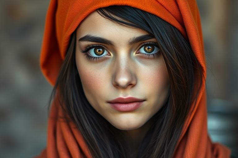 Create a portrait of a young Turkish female with long, dark hair and captivating hazel eyes. She is wearing a orange headscarf and a matching scarf draped gracefully around her neck. The background is softly blurred, focusing attention on her serene and natural expression. The overall color palette is muted and warm, enhancing the intimate and authentic feel of the portrait.