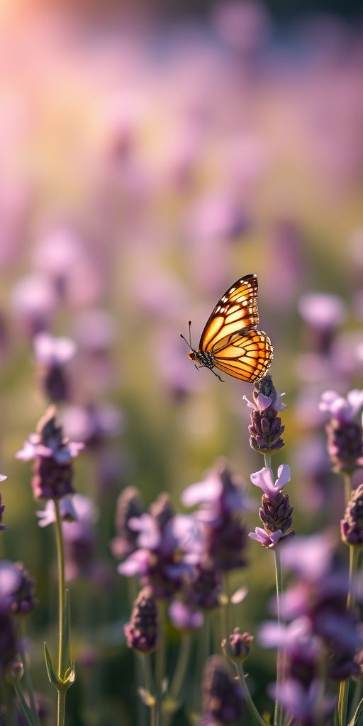 Generate an image of a butterfly hovering in a field of lavender flowers, with soft sunlight filtering through the scene, creating a dreamy and serene atmosphere. The lavender blooms should be in various shades of purple, with a blurred background to emphasize the butterfly and flowers in the foreground.