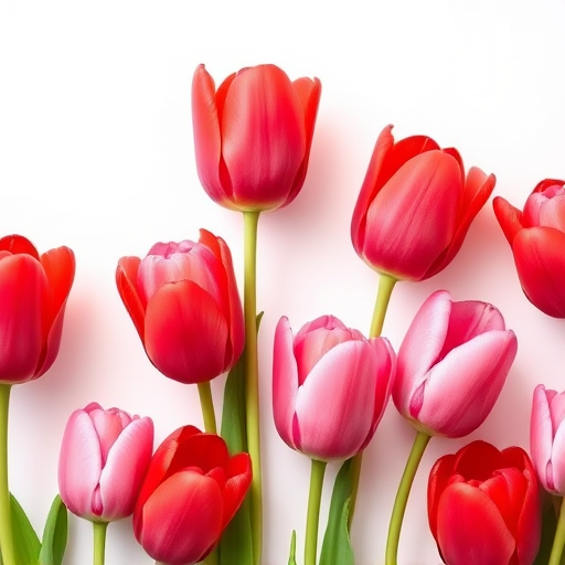 Create a vibrant floral pattern featuring red and pink tulips against a white background, captured with a DSLR camera at f/2.8 aperture, ISO 100, with a shallow depth of field to enhance color contrast and detail, using a macro lens to focus closely on the flower petals for a sharp and vivid quality.