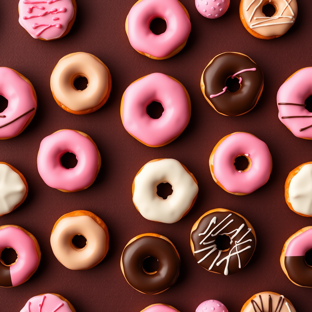 Create a high-resolution, seamless pattern of various donuts with pink, white, and chocolate icing, set on a dark brown background, shot with a DSLR camera at f/8, ISO 100, 50mm lens, natural light, overhead view, vibrant colors, and sharp details.