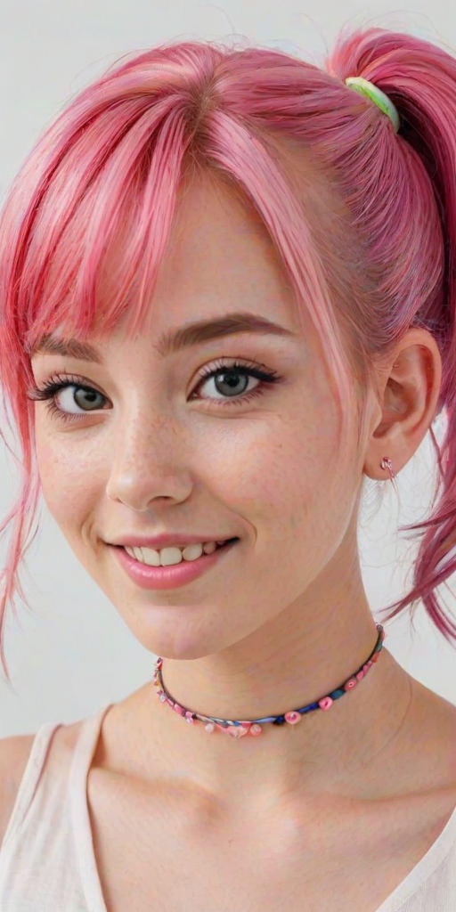1girl, pink hair, necklace, side view, white background, perfect cute face, turning to look at viewer, vibrant colours, cocky smile, choker, (freckles:0.6), eyeshadow, pigtail buns, round face