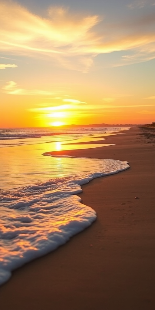 Capture a vibrant sunset over a serene beach with soft waves lapping at the shore, using a DSLR camera at f/11, ISO 100, shutter speed 1/125 sec, wide-angle lens 24mm, golden hour soft lighting, and a clear view of the horizon.