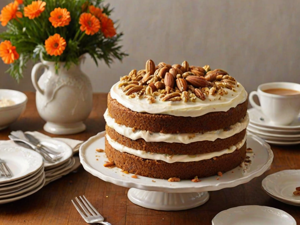 Create an image of a beautifully layered carrot cake on a cake stand. The cake should have a rich cream cheese frosting, with caramel sauce drizzling down the sides. Include decorative elements like chopped nuts and fresh carrots around the base for presentation. The background should be warm and rustic, enhancing the inviting feel of the dessert.
