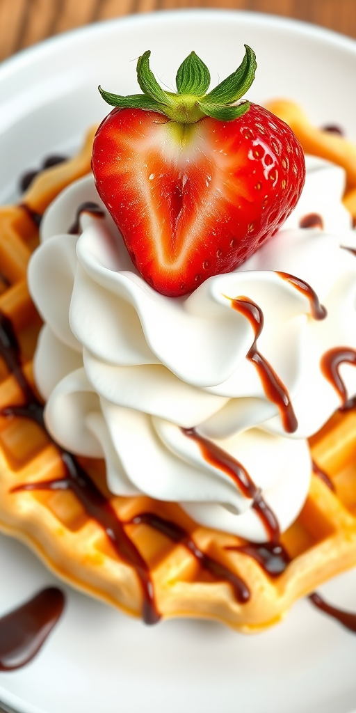 Create a detailed illustration of a waffle topped with whipped cream, a large strawberry, and drizzled chocolate sauce, using a DSLR camera at f/4 aperture, 50mm lens, natural light, from a top-down view for enhanced image quality.