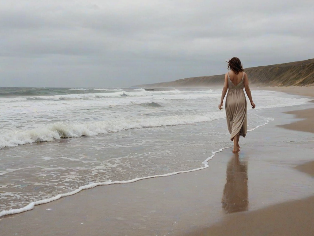 Empty, windswept beach, waves crashing against the shore, with a woman in a flowing dress walking along the edge of the water, her footprints trailing behind her.