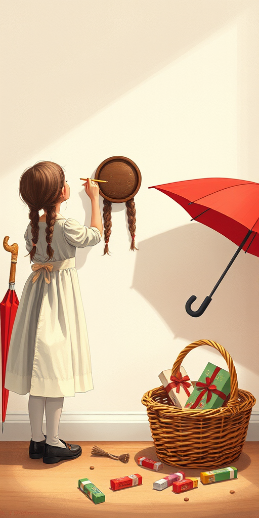Create an illustration of a young girl with braided hair wearing a vintage dress, standing with her back to the viewer as she draws on a blank wall, surrounded by a red umbrella, a wicker basket filled with chocolate boxes, and playful clutter on the floor, captured with a DSLR camera at f/2.8, ISO 200, 50mm lens, in natural lighting for softness and depth, emphasizing a nostalgic and whimsical atmosphere.