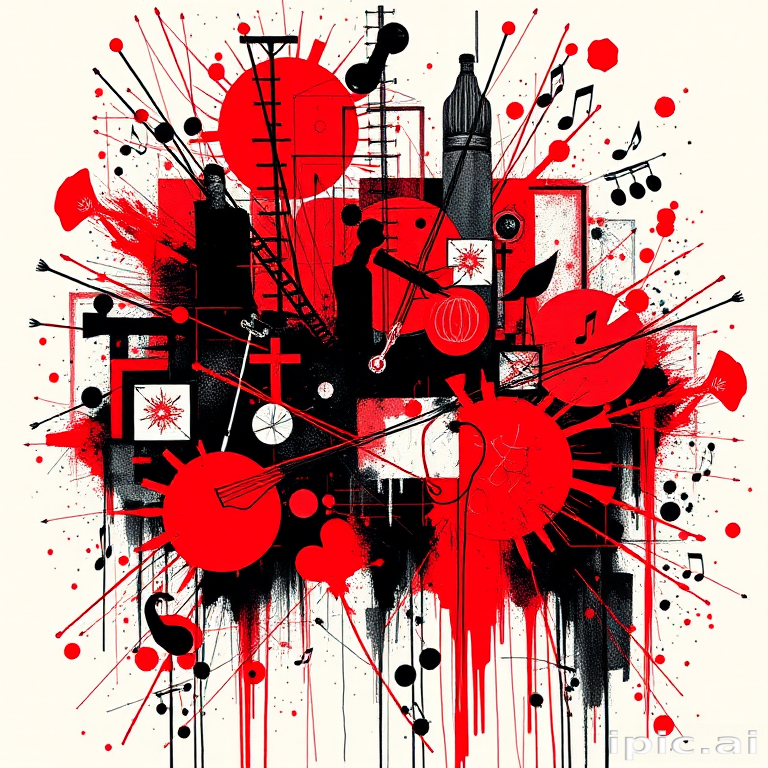 Trash polka tattoo named "Urban Symphony" blending chaotic abstract elements with realistic imagery in a bold red and black color scheme for a striking graphic effect