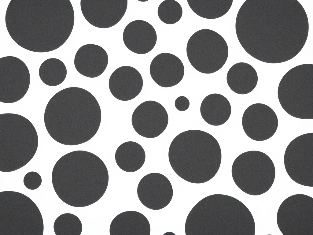 Create a seamless pattern design of irregular, solid dark grey circles on a white background, captured with a Canon EOS R5, 50mm lens, f/2.8 aperture, 1/125 sec shutter speed, in a flat lay perspective with soft natural lighting.