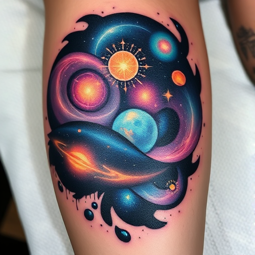 Cosmic tattoo called "Celestial Wanderer" showcasing galaxies nebulae and celestial bodies with swirling colors and glowing accents creating a mesmerizing space-inspired piece