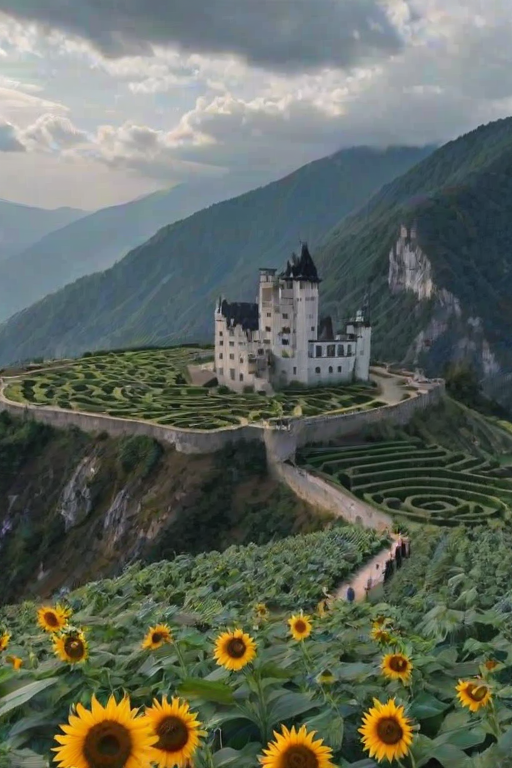 This is a real landscape photo, presenting a huge maze of plants in front of us. At the exit of the maze in the distance, there is a bluish gray stone castle built under the mountain range, with thick snow on the mountaintop and clouds floating on the mountainside. sunflower.