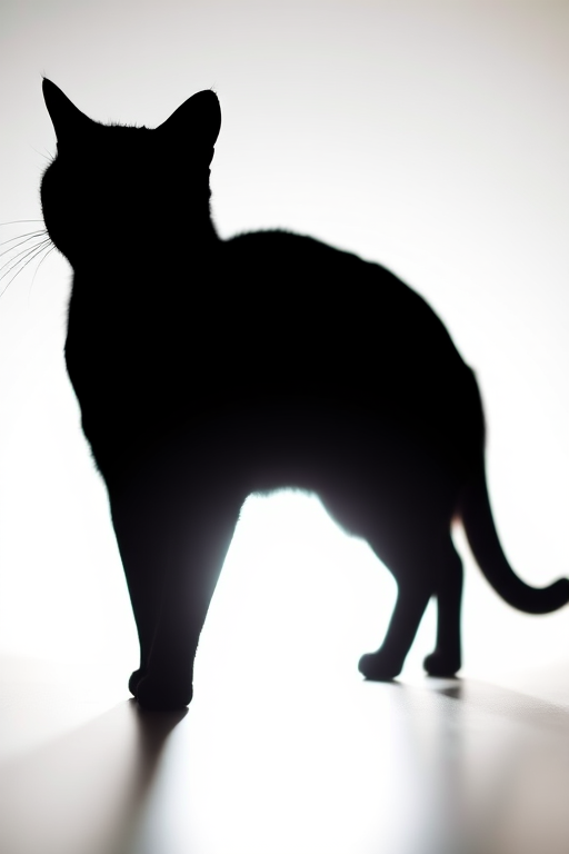 Create a high-resolution image of a stylized cat silhouette on a bright background, 50mm lens, f/2.8 aperture, 1/200s shutter speed, shot from a low angle, using a full-frame DSLR camera.