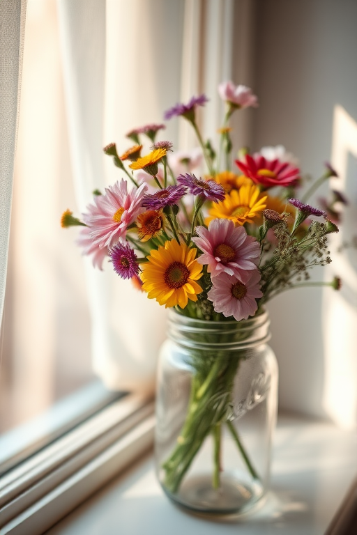 Softly focused close-up of a bouquet of wildflowers in a mason jar on a windowsill, soft sunlight streaming through sheer curtains, with delicate petals and vibrant colors gently illuminated by the warm light.