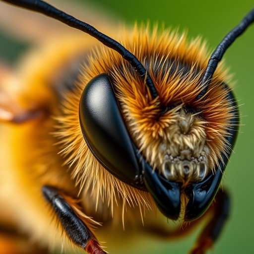 close-up of a bee with intricate details and vibrant colors, macro lens, f/2.8 aperture, ISO 200, 100mm macro lens, natural light, focus on the head and wings, soft background blur, high-res image quality