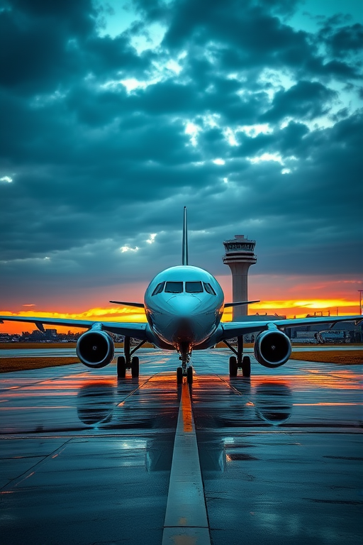 A jet airplane parked on a runway with a control tower in the background during sunset with reflections on wet pavement, shot with a DSLR camera at f/2.8, ISO 100, 24mm lens, in HDR style from a low angle perspective.
